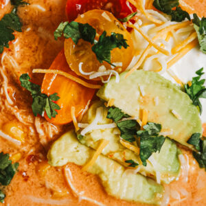 an up close look at a zesty soup in a white bowl.