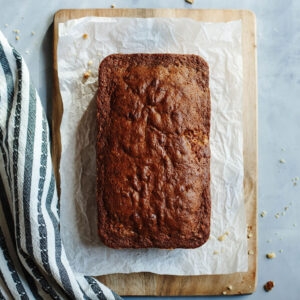 a loaf of quick bread on a piece of parchment paper.