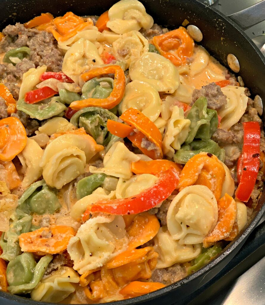 tender tortellini with Italian sausage in a one pan skillet meal