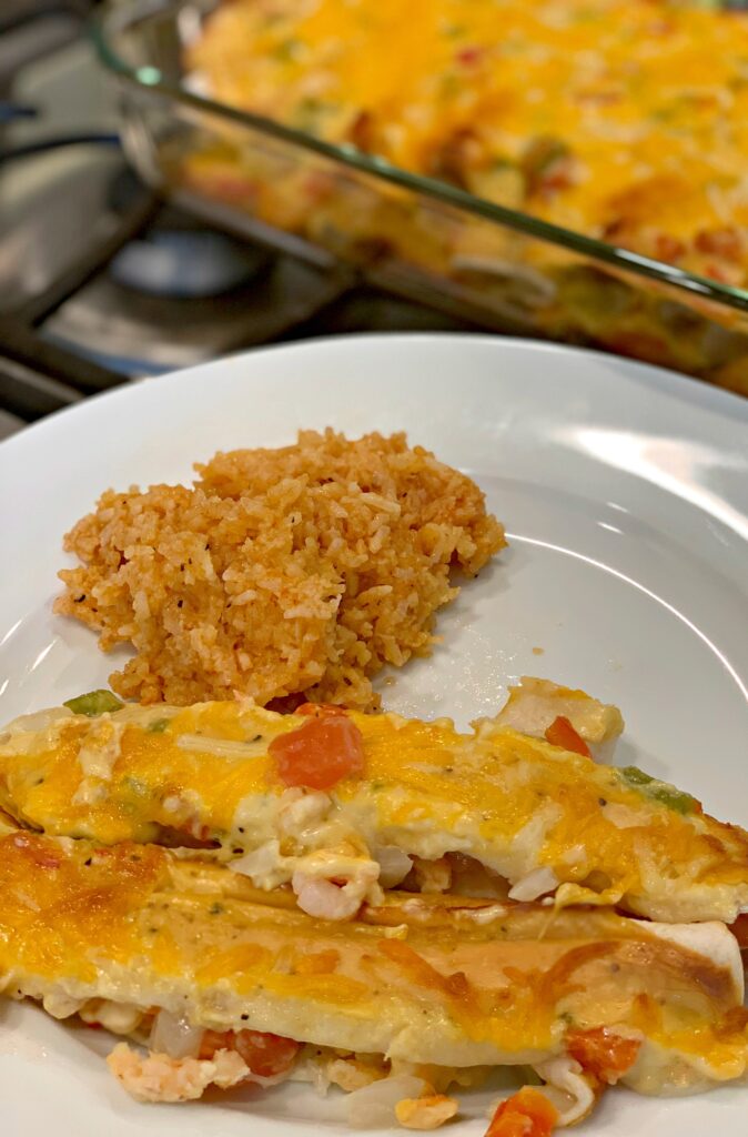 Shrimp enchiladas with Best Ever Instant Pot Mexican Rice