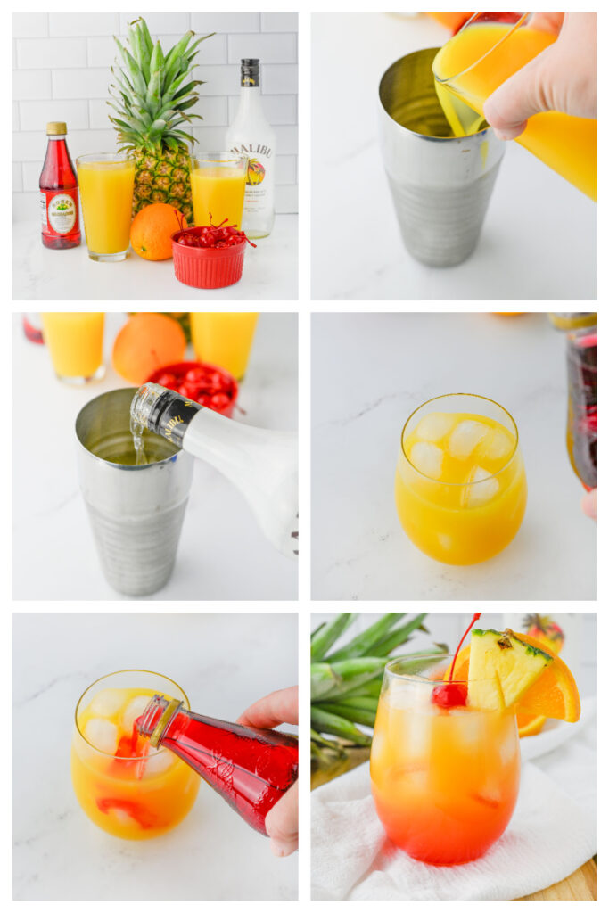 step by step on how to make a Malibu Sunset Cocktail.
