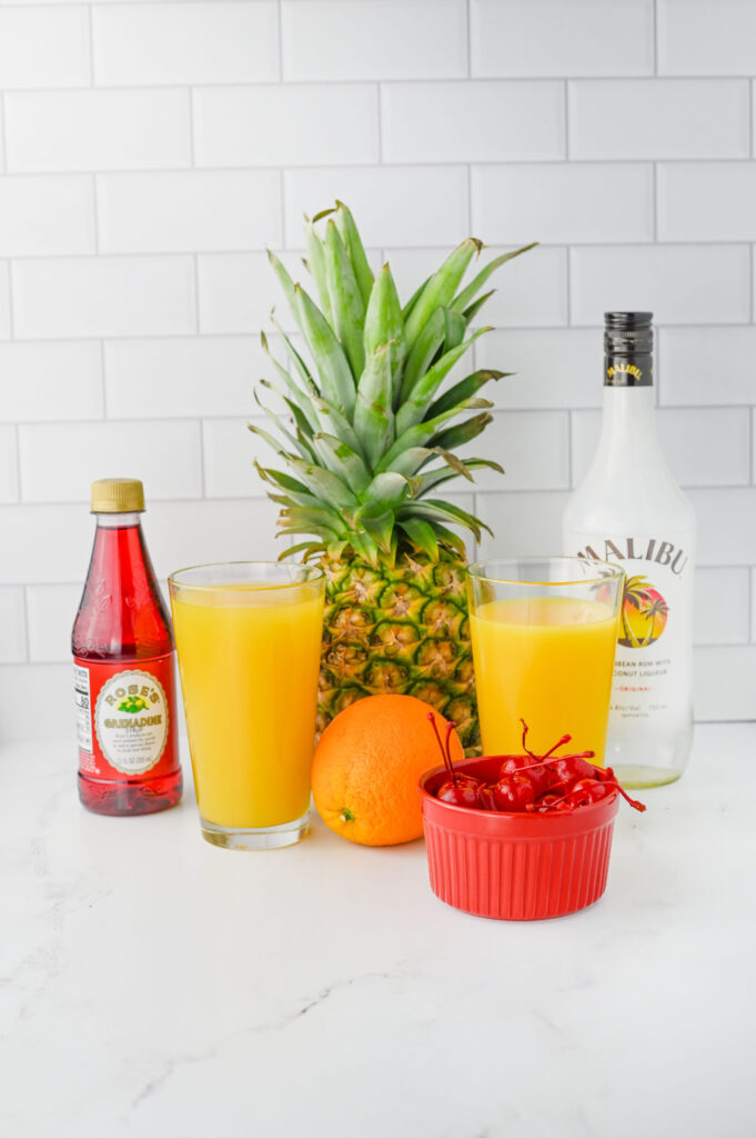 all the ingredients needed to make Malibu Sunset Drinks.