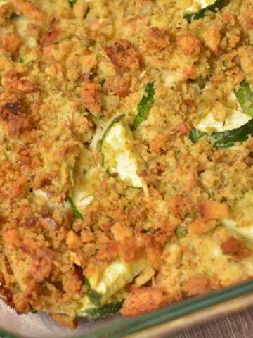 sliced zucchini combined with chicken and stuffing for an ultimate casserole