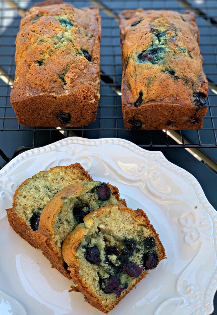 moist banana bread with blueberries throughout