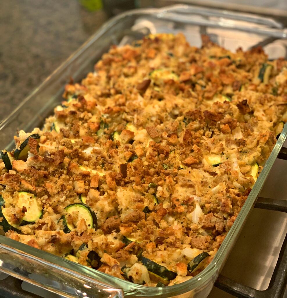 Chicken casserole with crispy topping and fresh zucchini