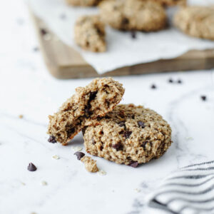 Banana Oat Peanut Butter Cookies stacked and ready to serve.