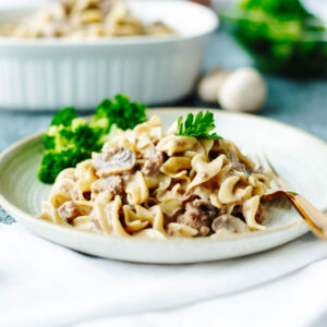 a serving of easy pressure cooker stroganoff on a dinner plate.