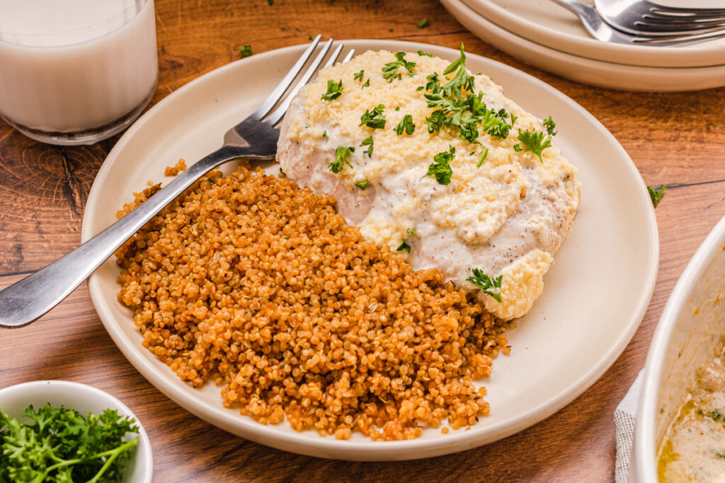 creamy, juicy chicken baked with Caesar dressing on top