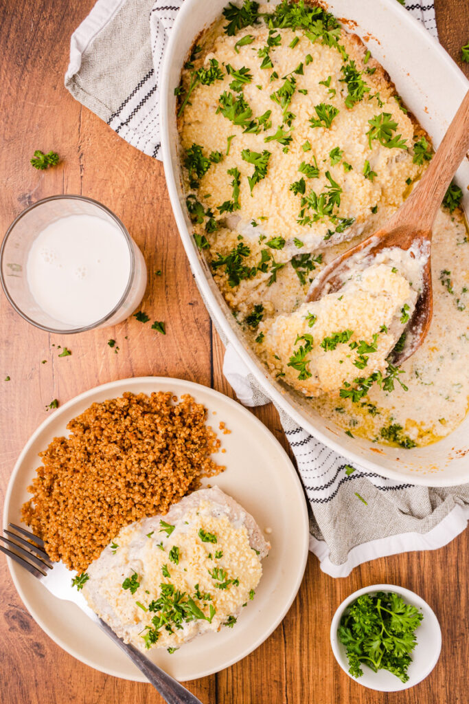 caesar chicken served on a plate with quinoa