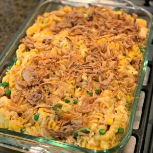 Back to school casserole in a glass 9x13 baking dish.