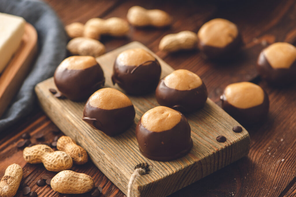 buckeye balls are peanut butter sweet treats rolled in chocolate