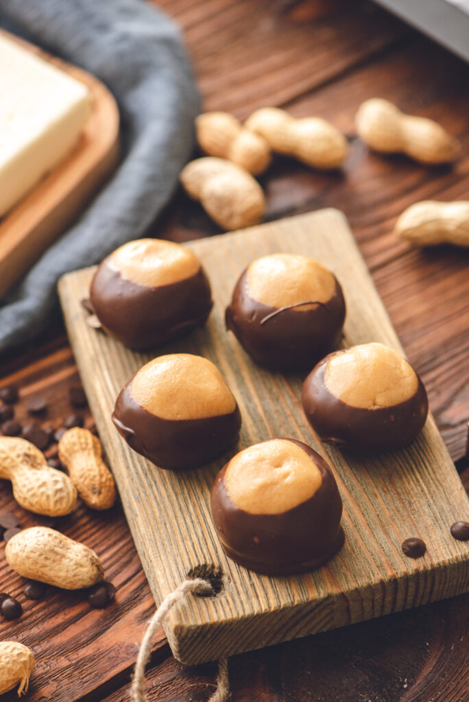 creamy peanut butter balls dipped in chocolate