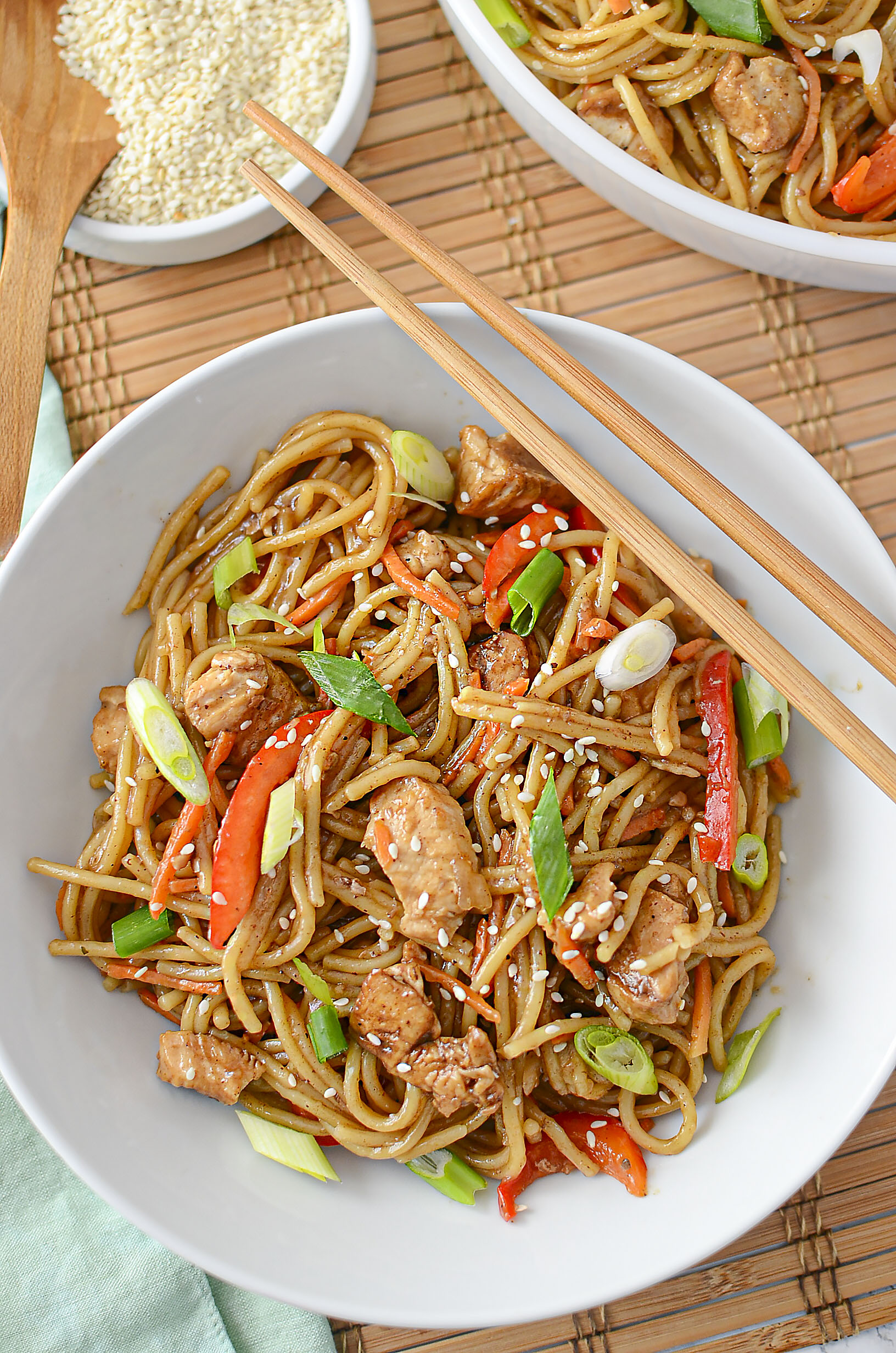 tender noodles, chicken, and crisp vegetables combined in an Asian sauce cooked in the Instant Pot.