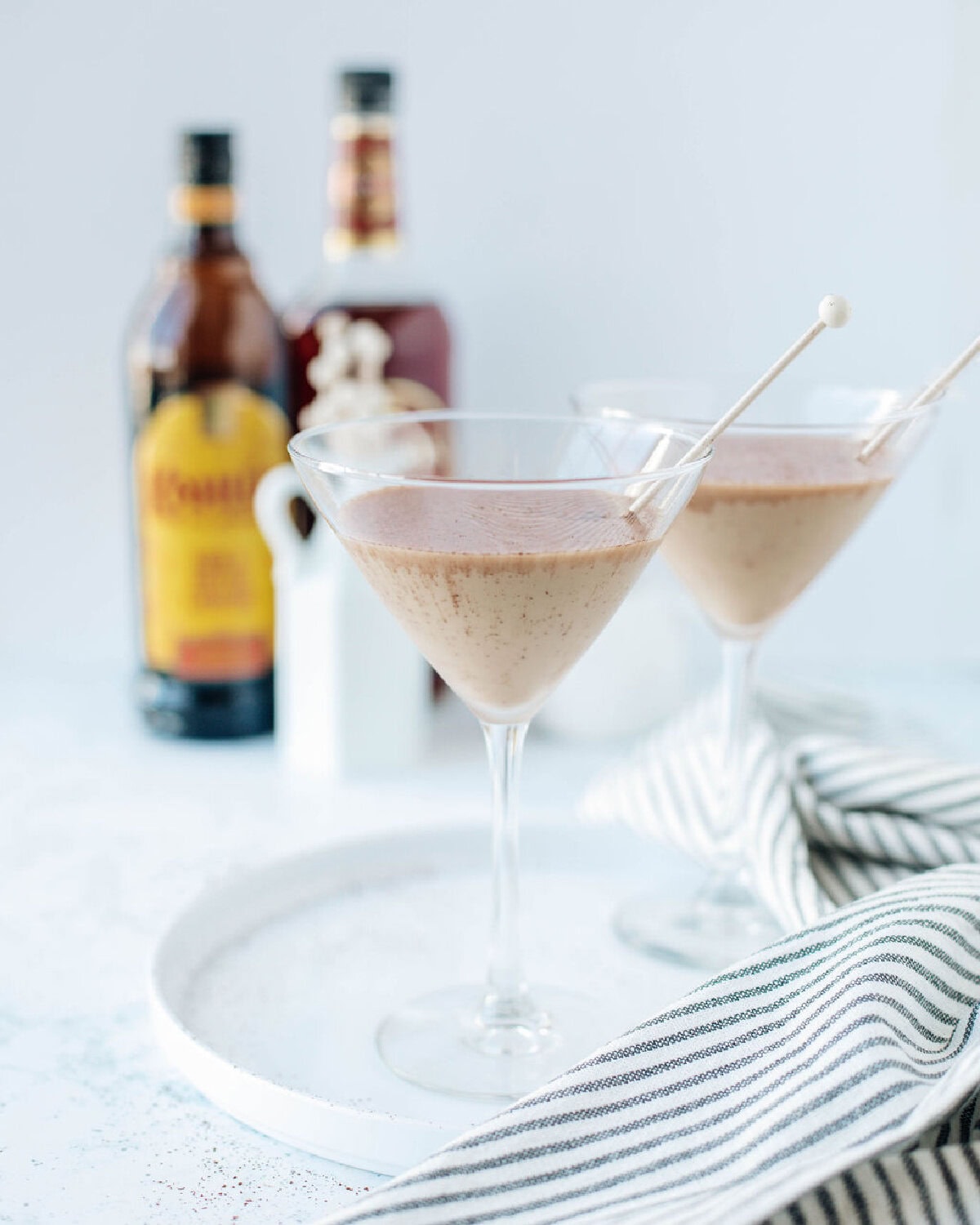 tiramisu martini's garnished and ready to serve.