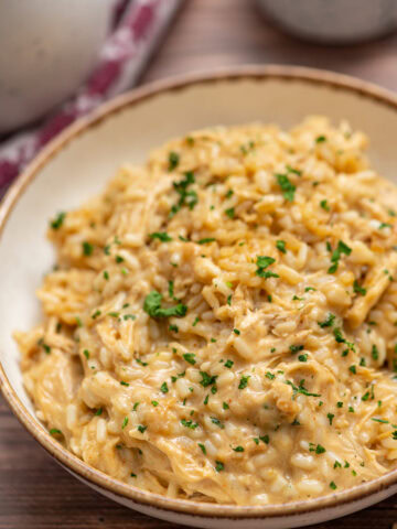 tender rice combined with shredded chicken and an onion sauce
