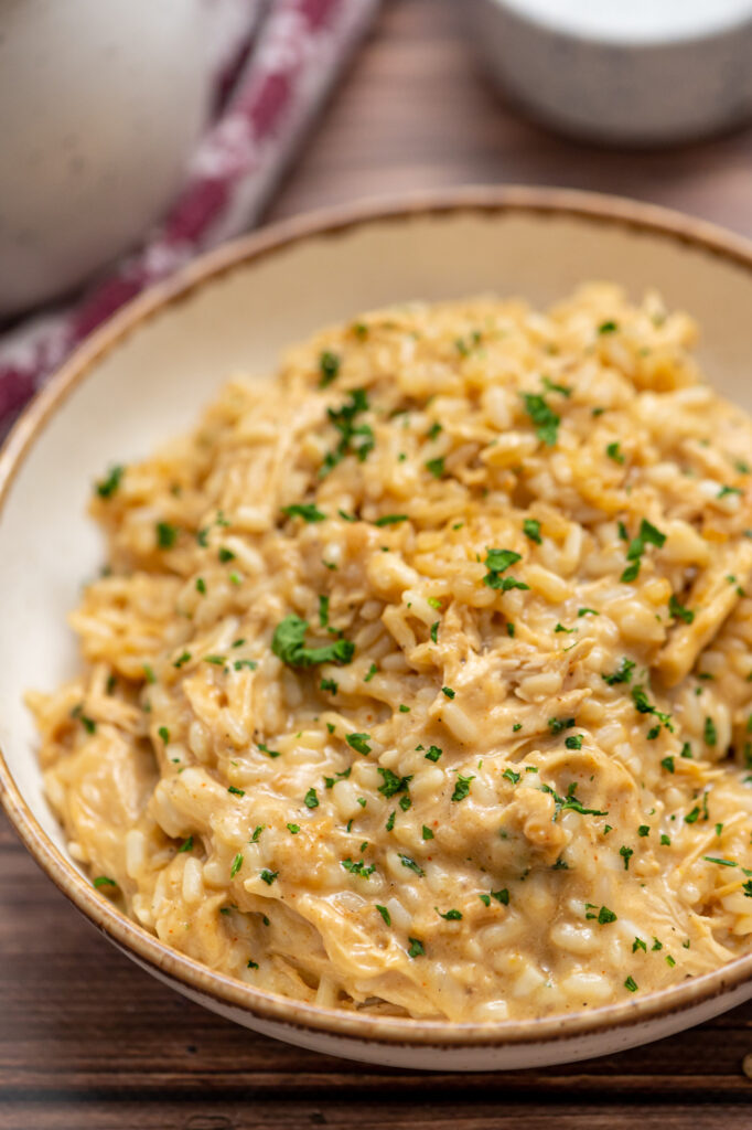 tender rice combined with shredded chicken and an onion sauce