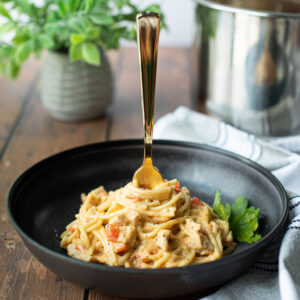 a cheesy pasta cooked with chicken and veggies in the electric pressure cooker.