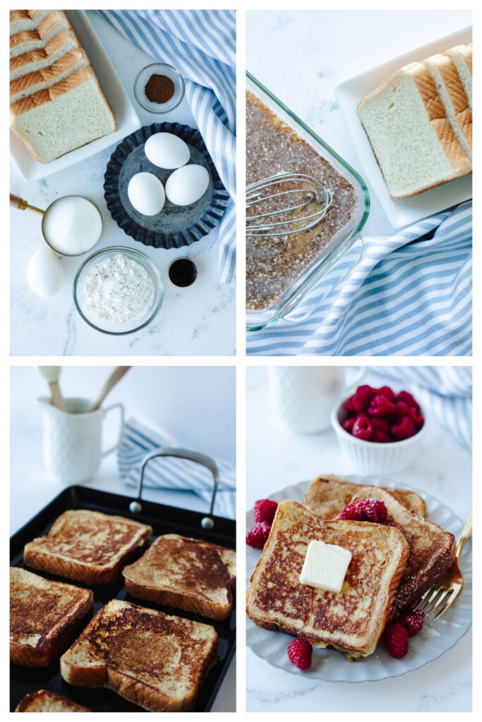 step by step on how to make breakfast bread with cinnamon and egg coating.