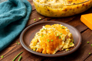 mashed potatoes loaded with sour cream, butter, chives, bacon, and more