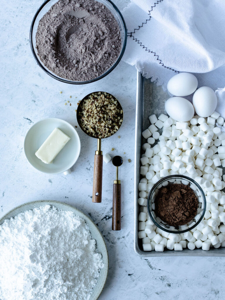 all the ingredients needed to make a shortcut Mississippi mud cake.