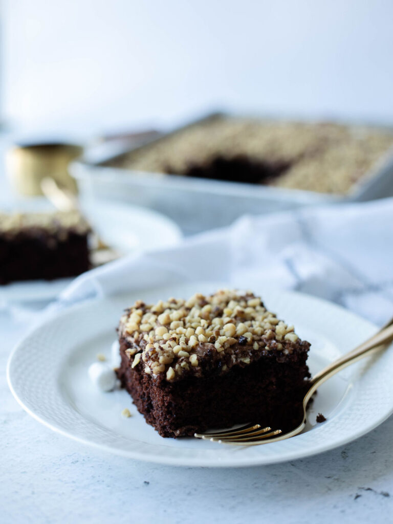 a moist and fluffy chocolate cake covered with marshmallow, pecans, and fudge frosting.