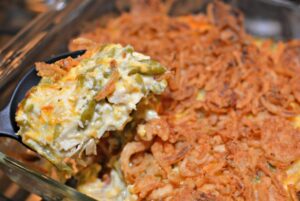 comfort food at its finest with this creamy chicken casserole topped with french fried onions