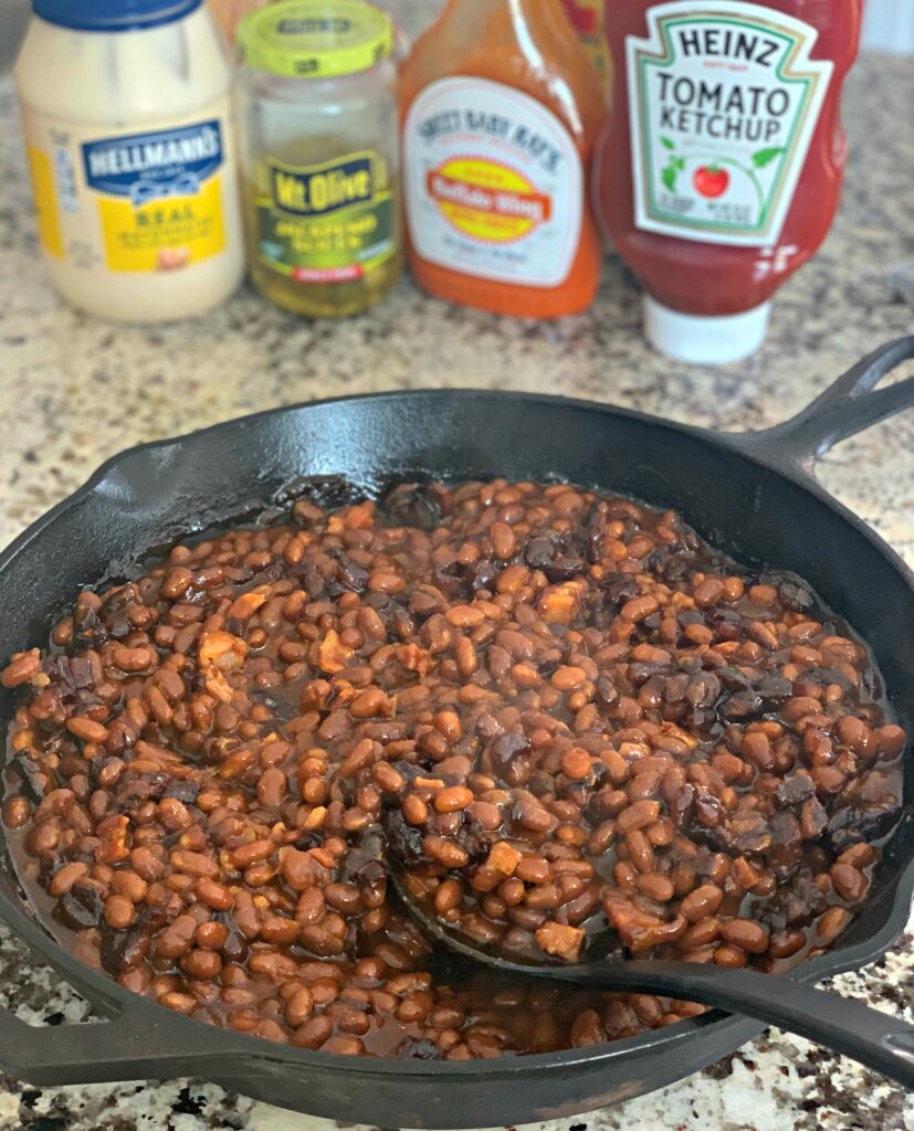 Ready to serve, baked beans in a cast iron skillet