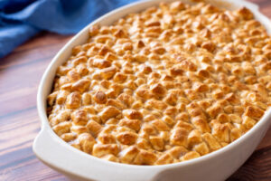 sweet potato casserole topped with marshmallows