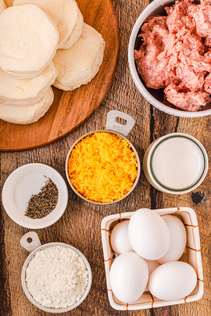 all the ingredients needed for biscuits and gravy breakfast casserole
