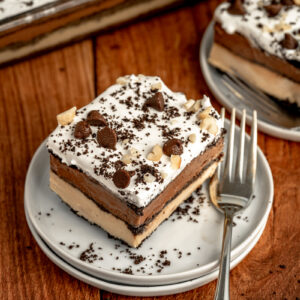 layers of peanut butter, chocolate, and oreo combined