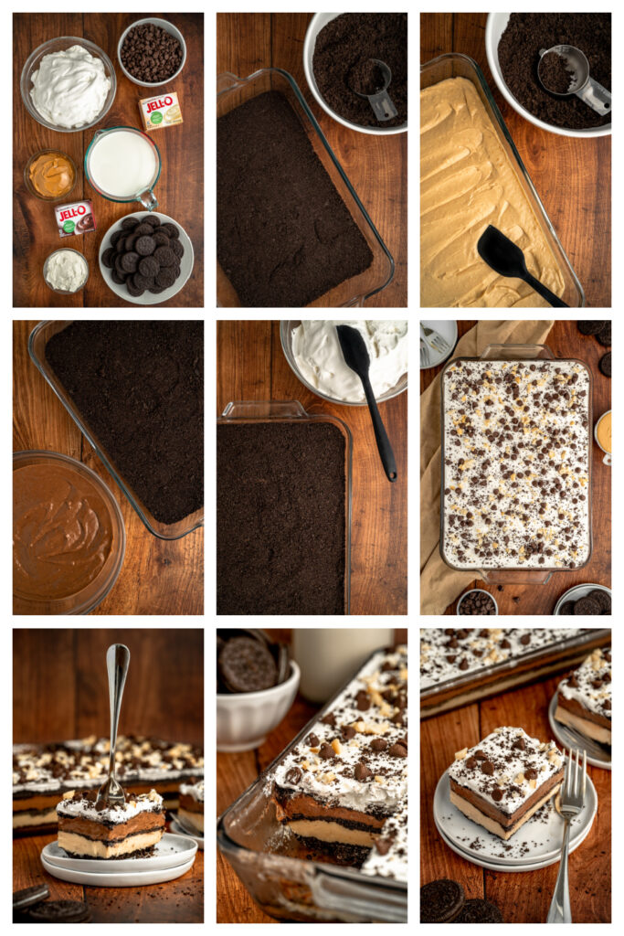 step by step on how to make oreo chocolate peanut butter delight