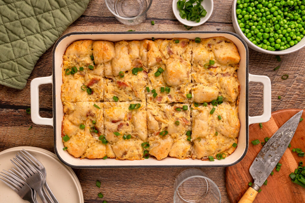 an up close look at chicken casserole made with biscuits.
