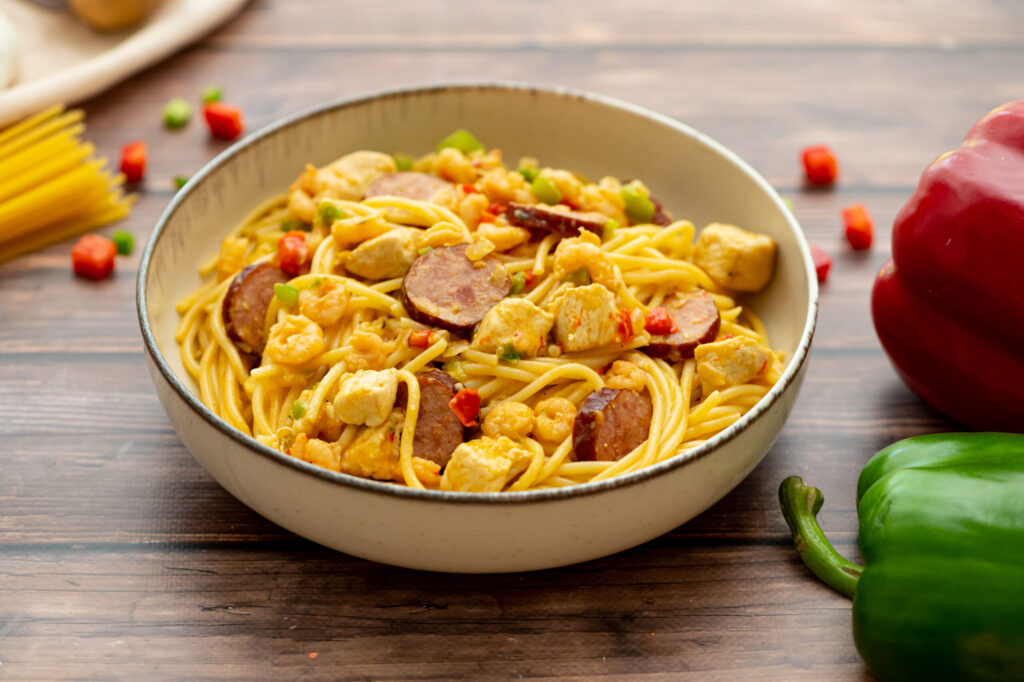 a copycat recipe from cheesecake factory with a Cajun cream sauce over pasta.