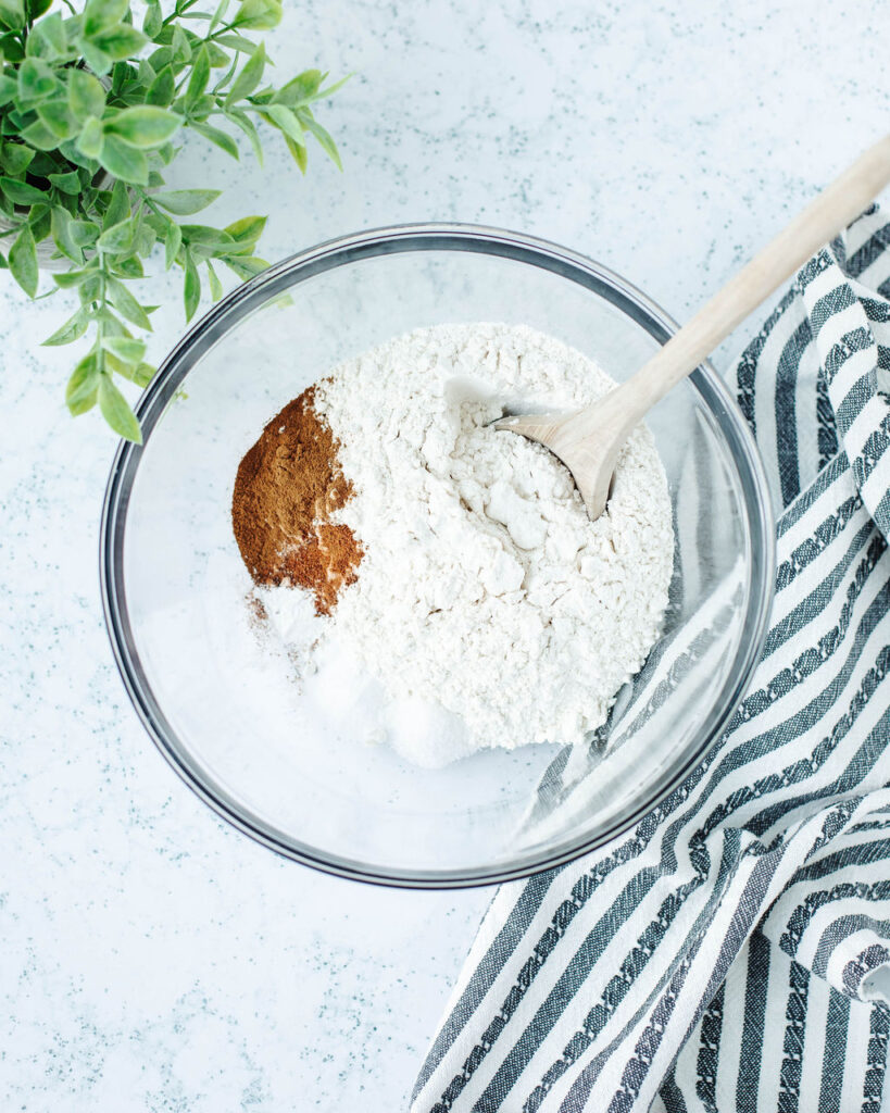 dry ingredients combined in a mixing bowl.