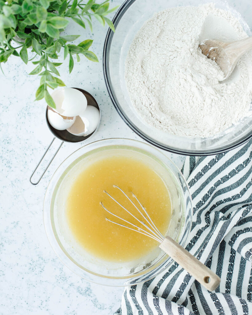 wet ingredients combined in a mixing bowl.