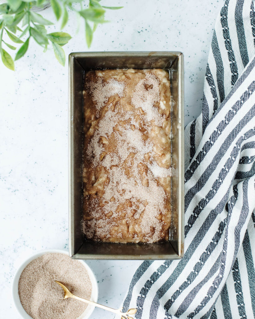 cinnamon sugar mixture sprinkled on top of quick bread.