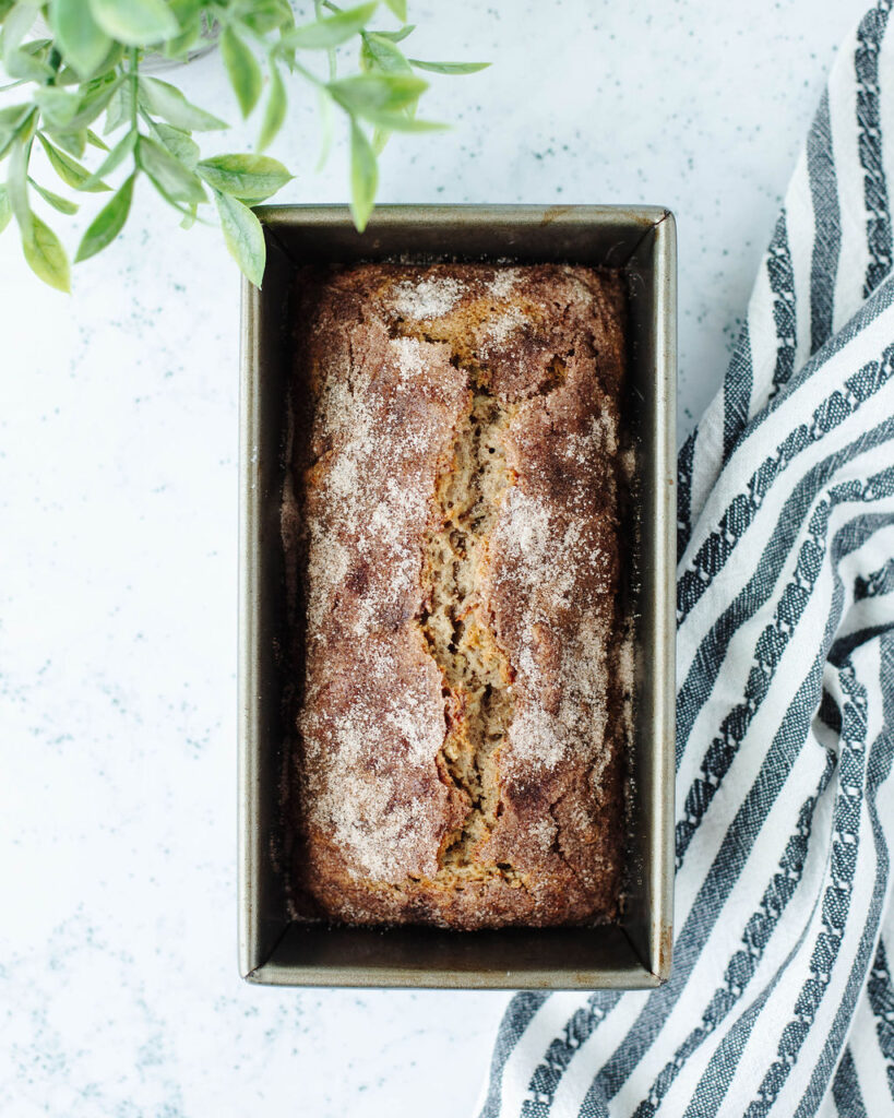 Snickerdoodle Zucchini Bread baked in a large loaf pan.