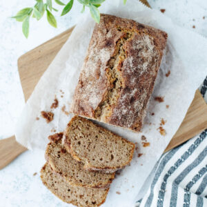 slices of quick bread on a wood cutting board.