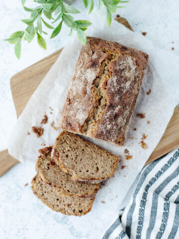 slices of quick bread on a wood cutting board.
