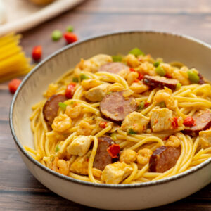 a bowl of Cajun jambalaya pasta ready to enjoy.