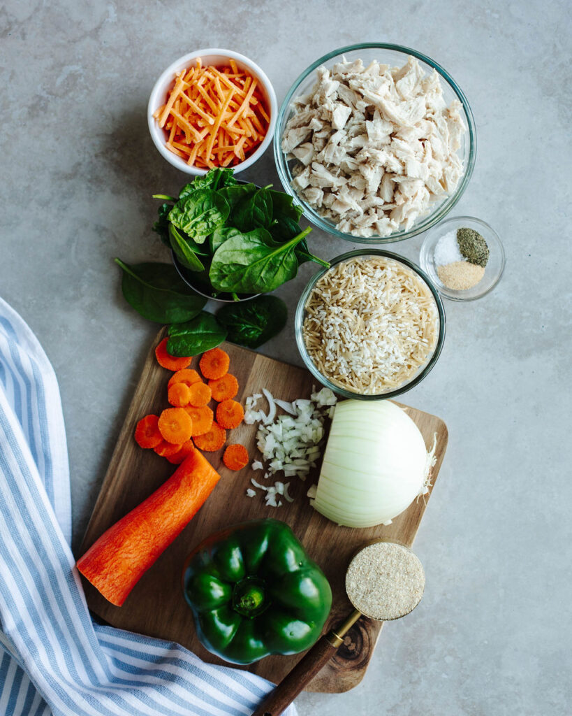 all the ingredients needed to make rice a roni chicken casserole.