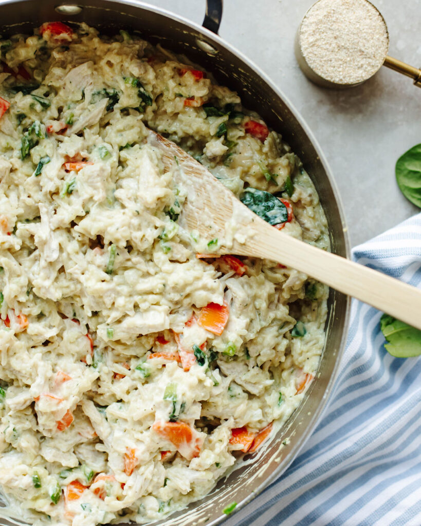 rice, chicken, and vegetables cooked in a skillet.