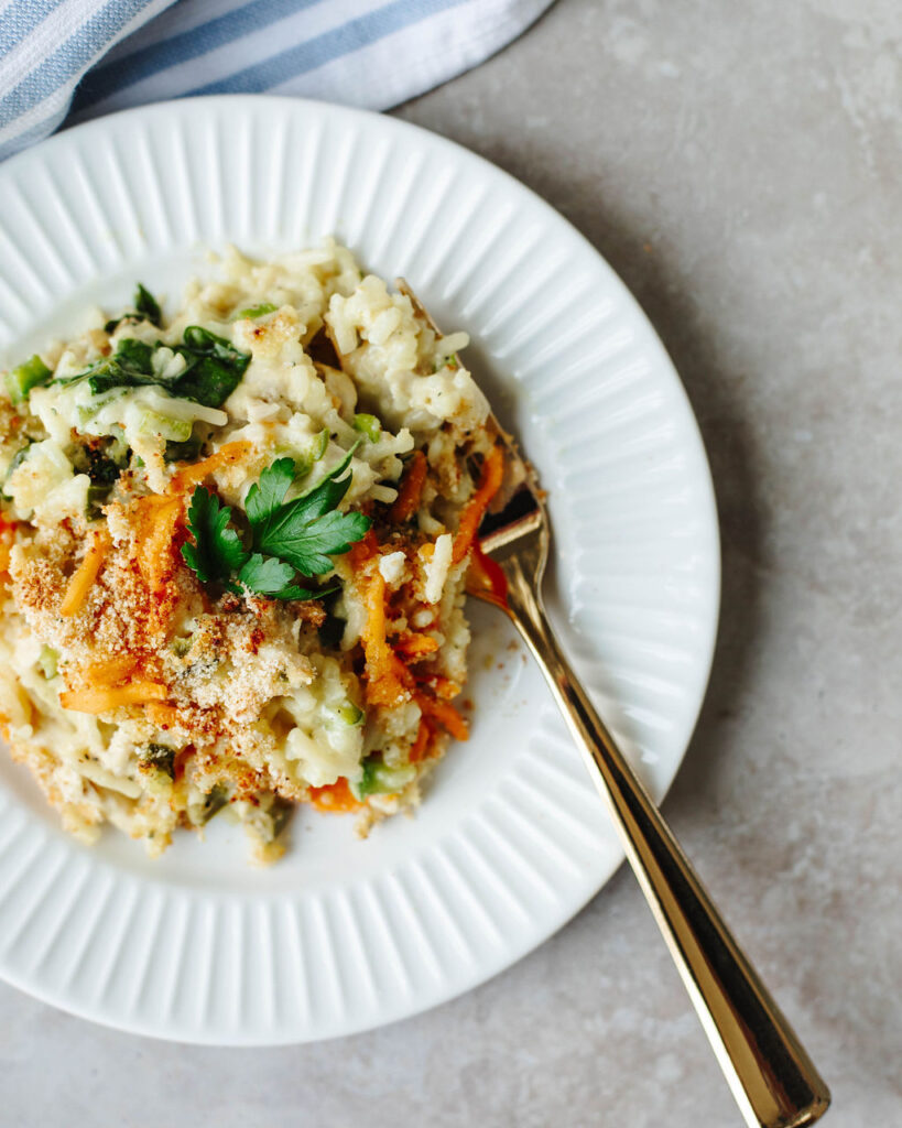 a one pan meal of hearty bake on a white plate.