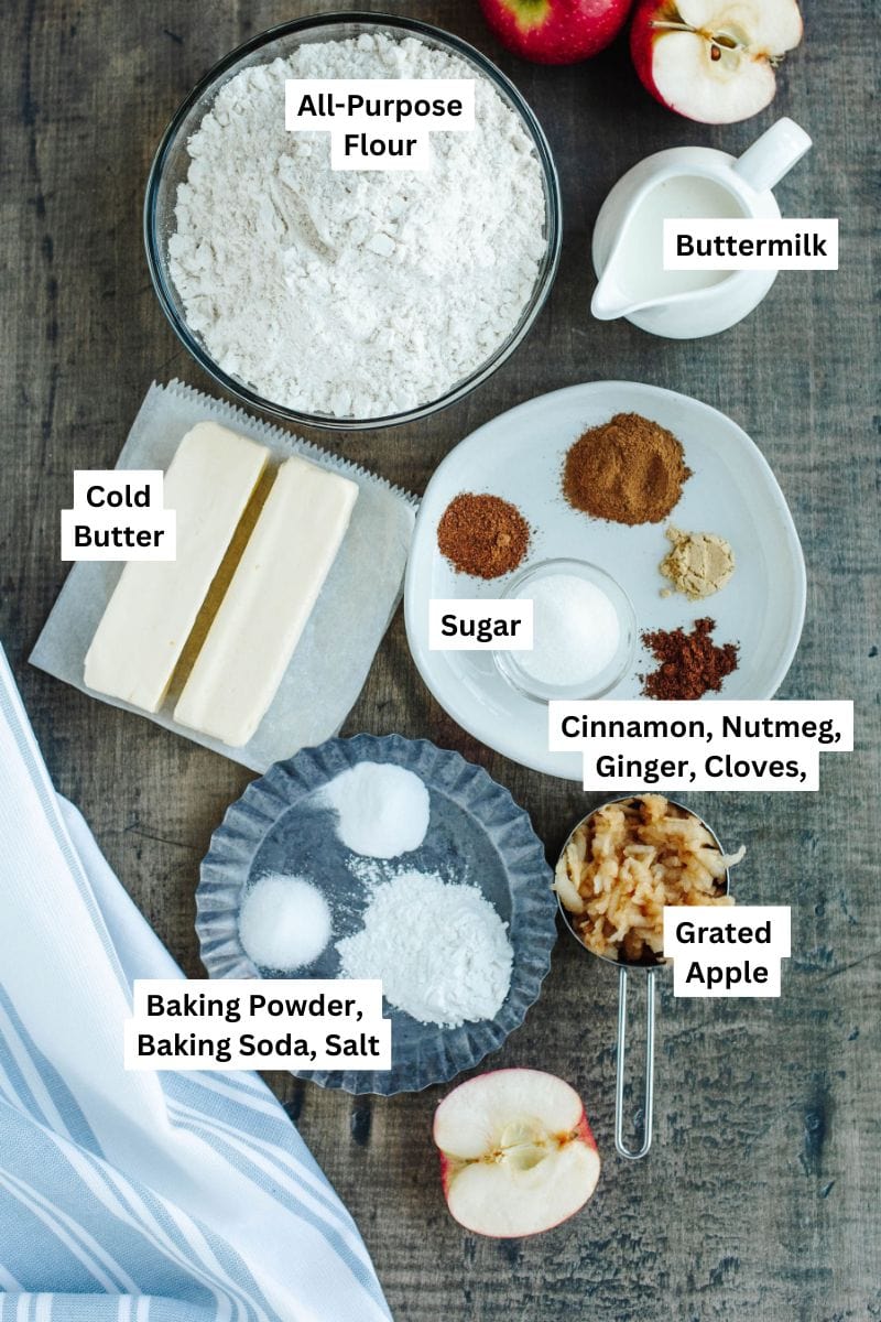 all the ingredients needed to make apple cinnamon biscuits.