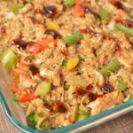 a one pan casserole with chicken, rice, and vegetables