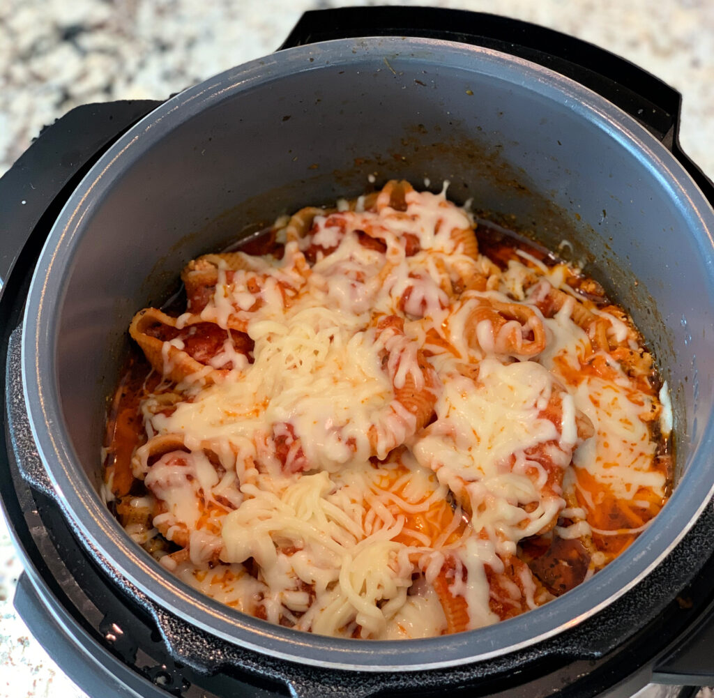 Cheese covered stuffed shells, cooked in the instant pot