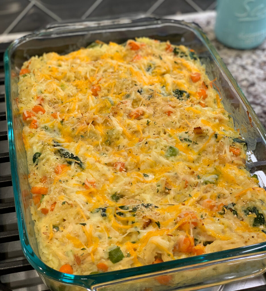 Cheesy chicken, rice, and veggie casserole packed with flavor