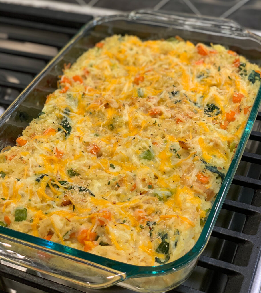 Cheesy chicken and rice casserole that screams comfort food