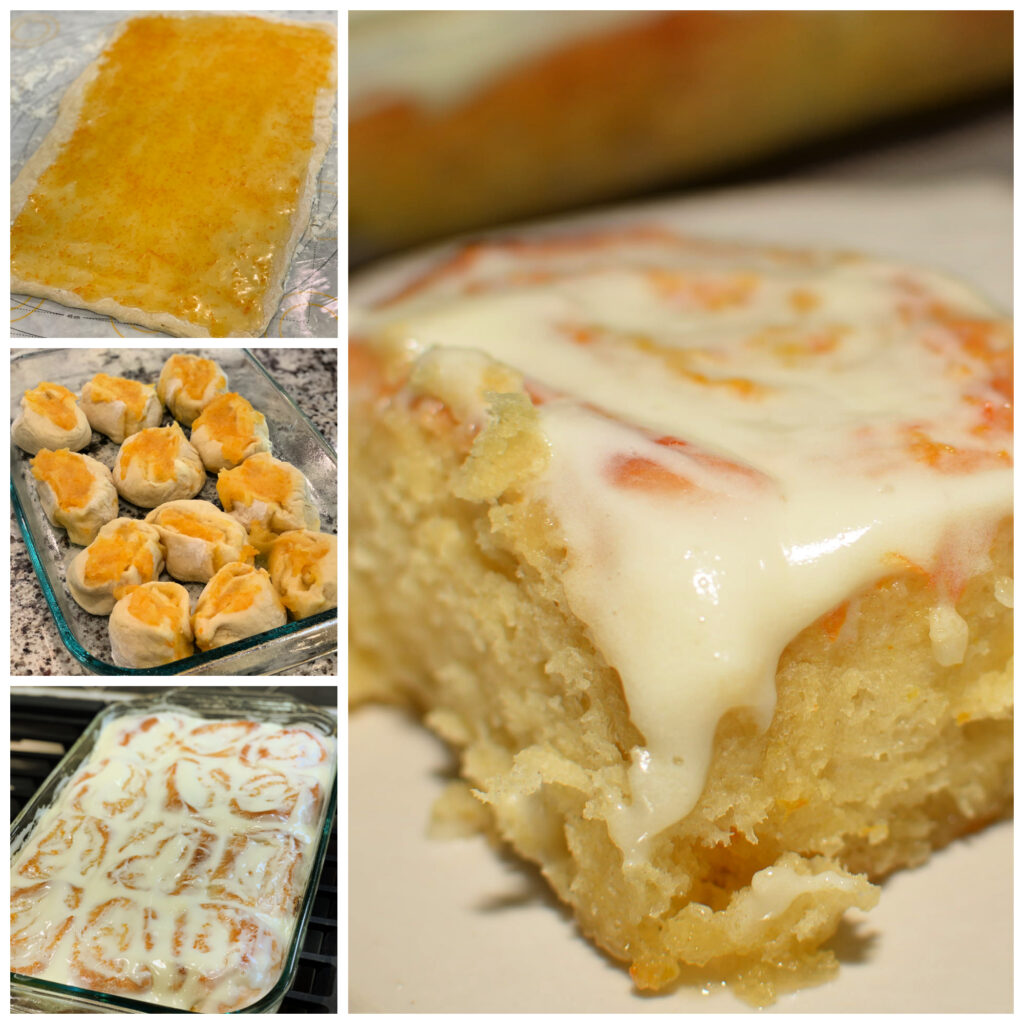 a collage of how to make homemade orange rolls
