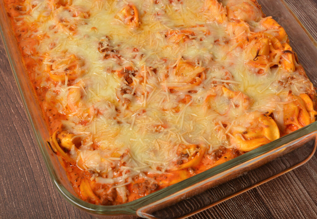 creamy baked tortellini in a pan